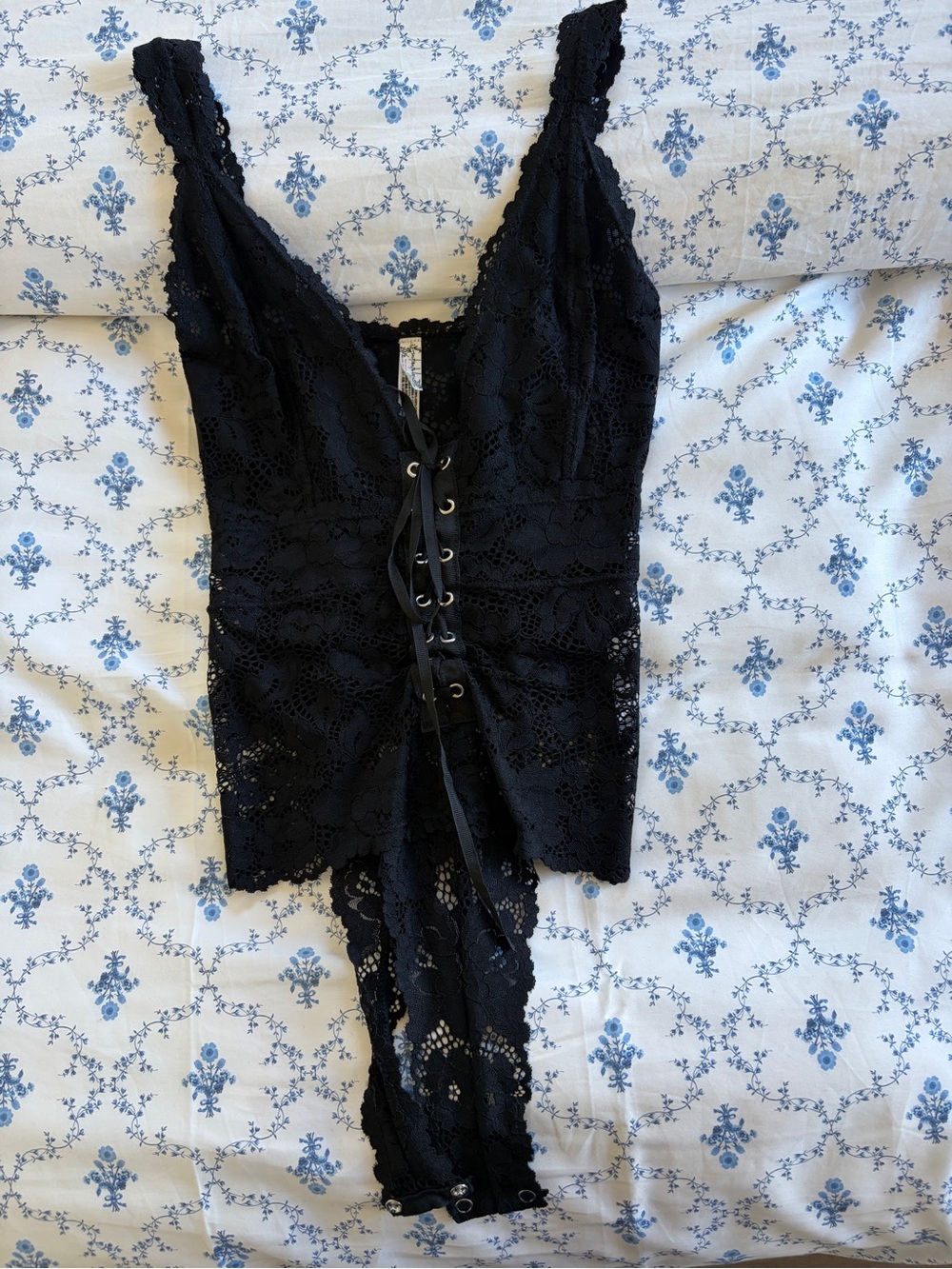 Free People Black Lace Corset Tank Top with Front Lace-Up